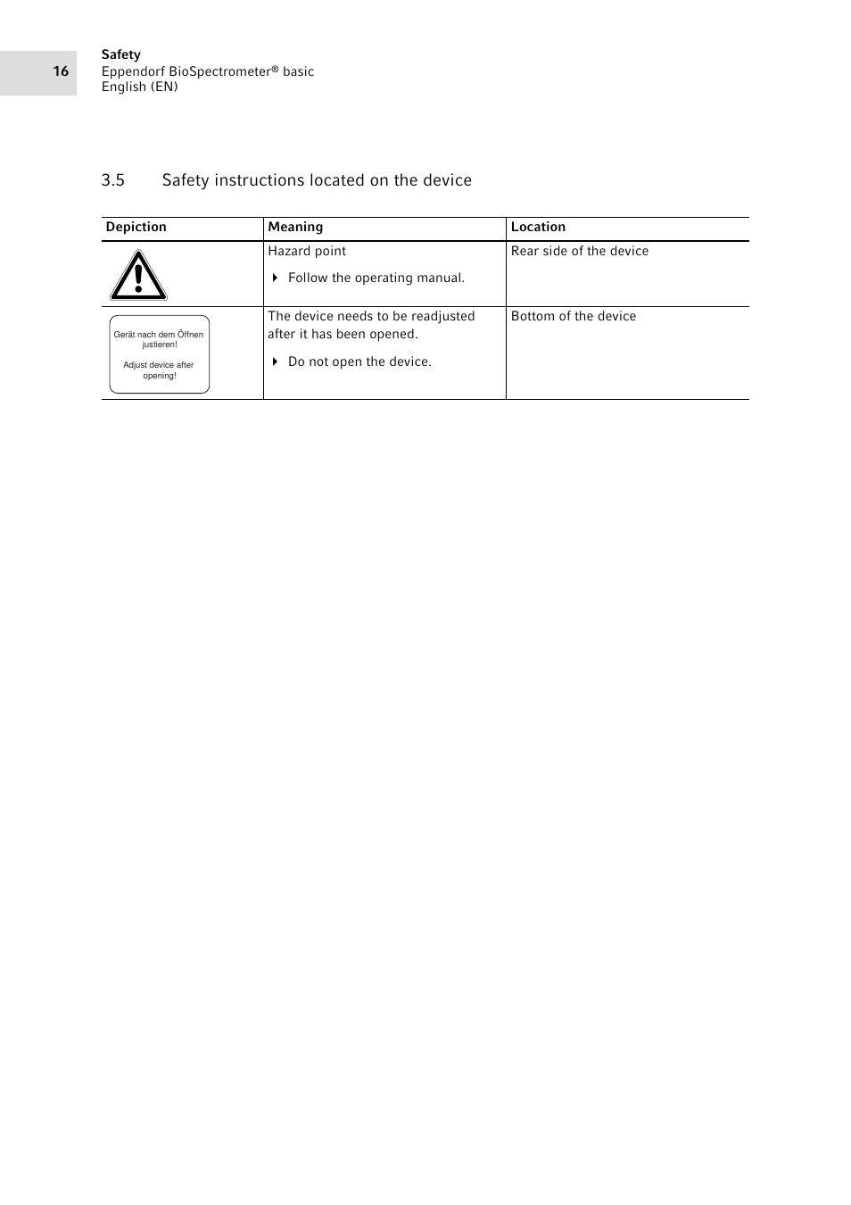 5 safety instructions located on the device, Safety instructions located on the device | Eppendorf BioSpectrometer basic User Manual | Page 16 / 104