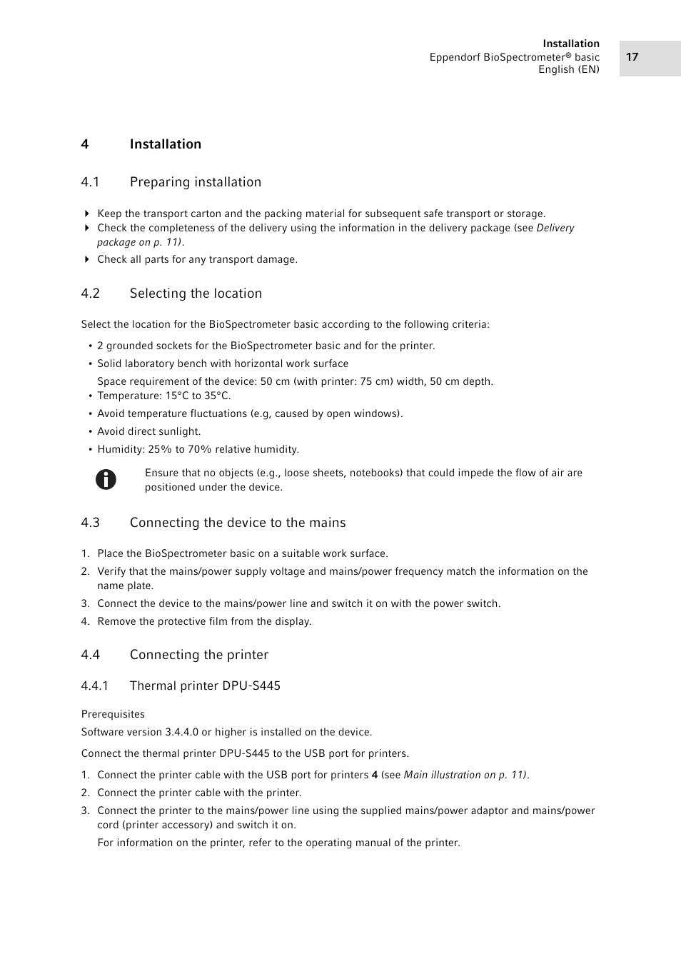 4 installation, 1 preparing installation, 2 selecting the location | 3 connecting the device to the mains, 4 connecting the printer, 1 thermal printer dpu-s445, Installation 4.1, Preparing installation, Selecting the location, Connecting the device to the mains | Eppendorf BioSpectrometer basic User Manual | Page 17 / 104