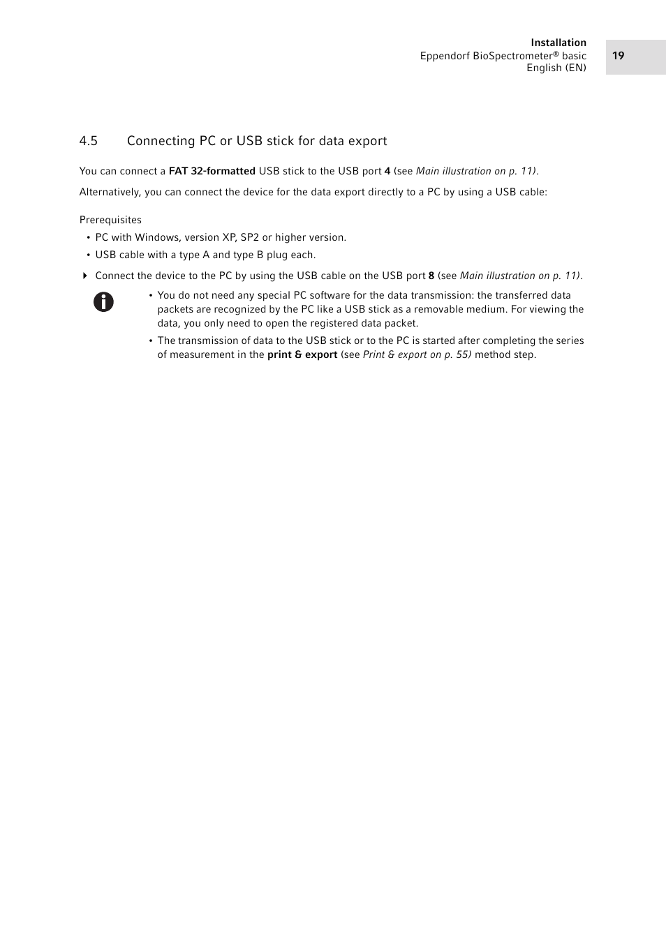 5 connecting pc or usb stick for data export, Connecting pc or usb stick for data export | Eppendorf BioSpectrometer basic User Manual | Page 19 / 104