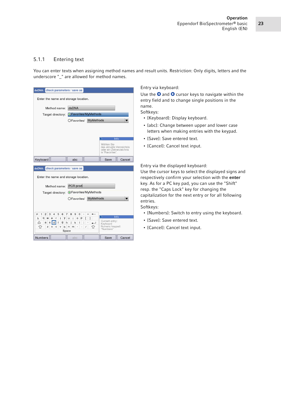 1 entering text, Entering text | Eppendorf BioSpectrometer basic User Manual | Page 23 / 104