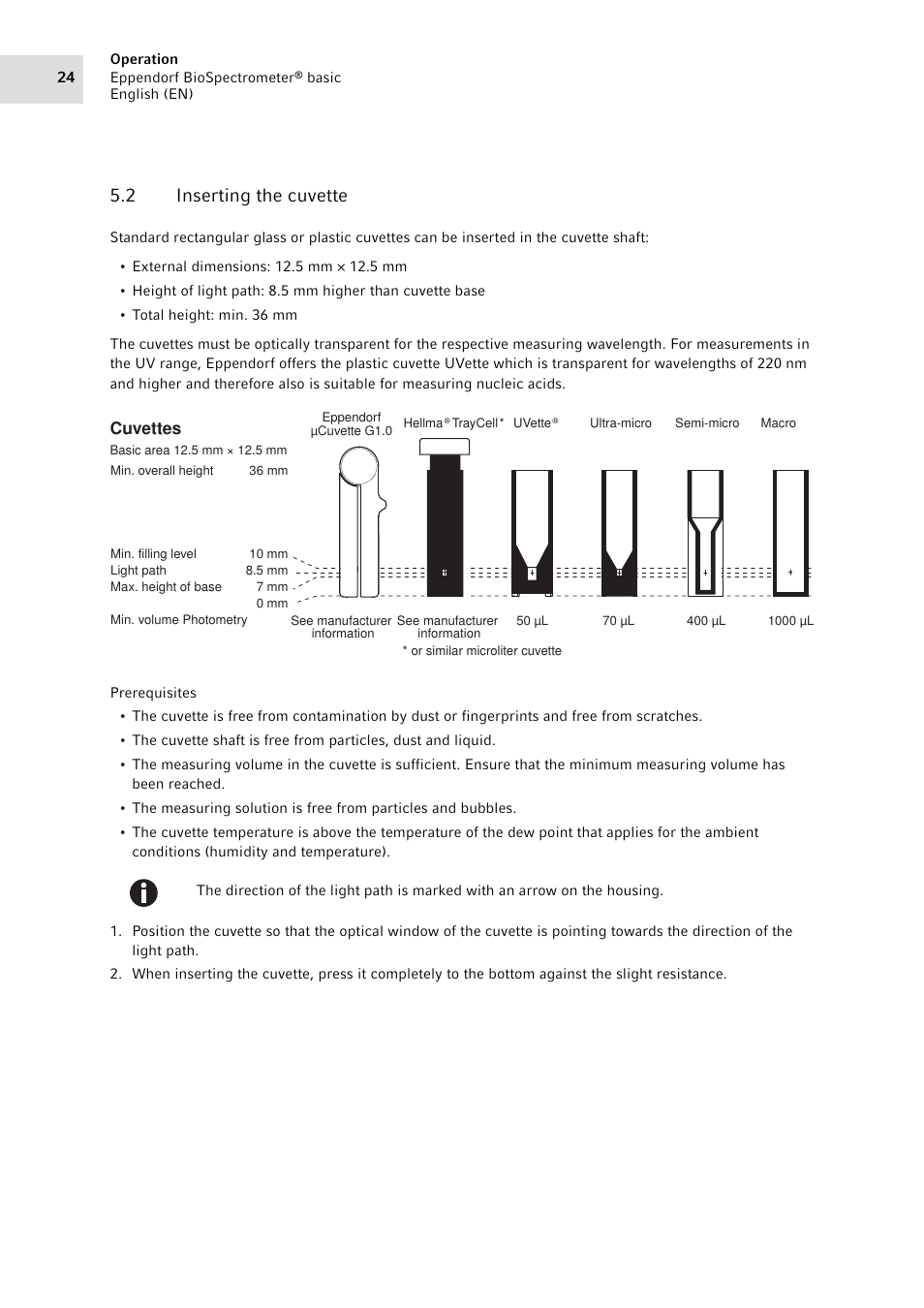 2 inserting the cuvette, Inserting the cuvette | Eppendorf BioSpectrometer basic User Manual | Page 24 / 104