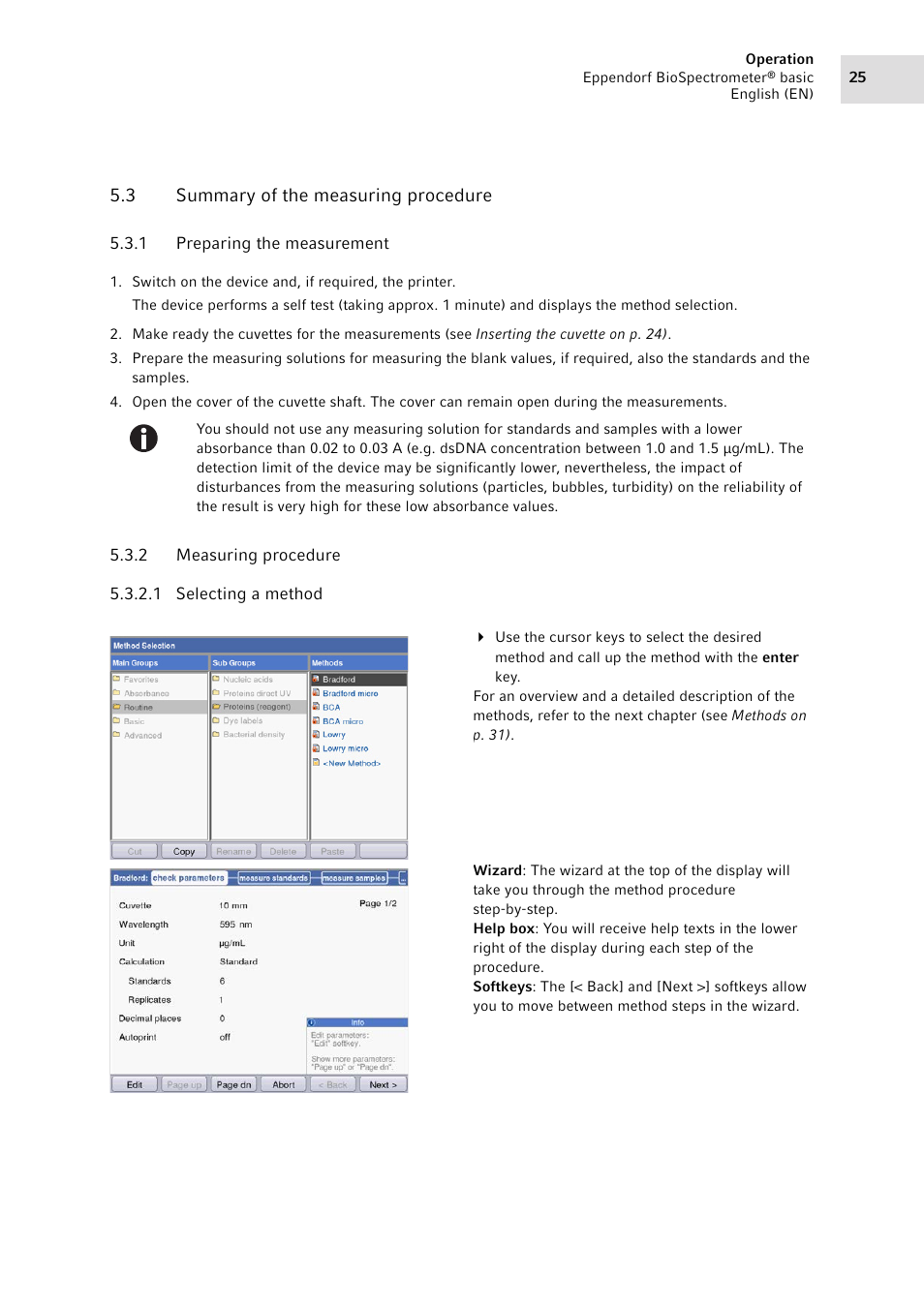 3 summary of the measuring procedure, 1 preparing the measurement, 2 measuring procedure | Summary of the measuring procedure 5.3.1, Preparing the measurement, Measuring procedure | Eppendorf BioSpectrometer basic User Manual | Page 25 / 104