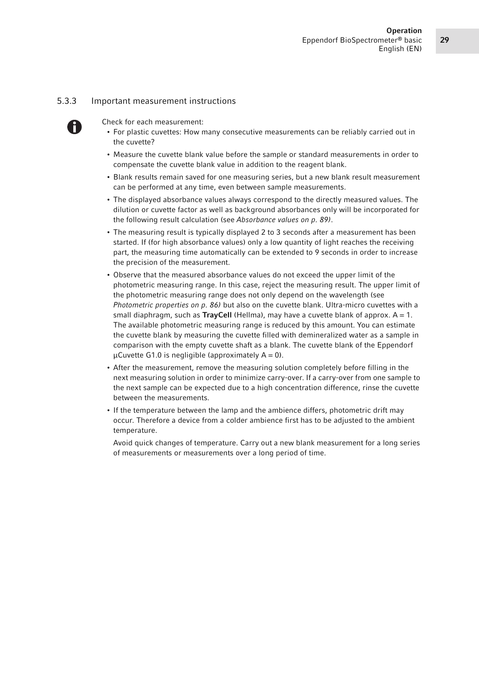 3 important measurement instructions, Important measurement instructions | Eppendorf BioSpectrometer basic User Manual | Page 29 / 104