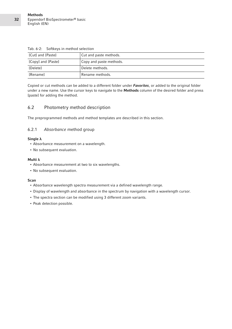 2 photometry method description, 1 absorbance method group, Photometry method description 6.2.1 | Absorbance method group | Eppendorf BioSpectrometer basic User Manual | Page 32 / 104