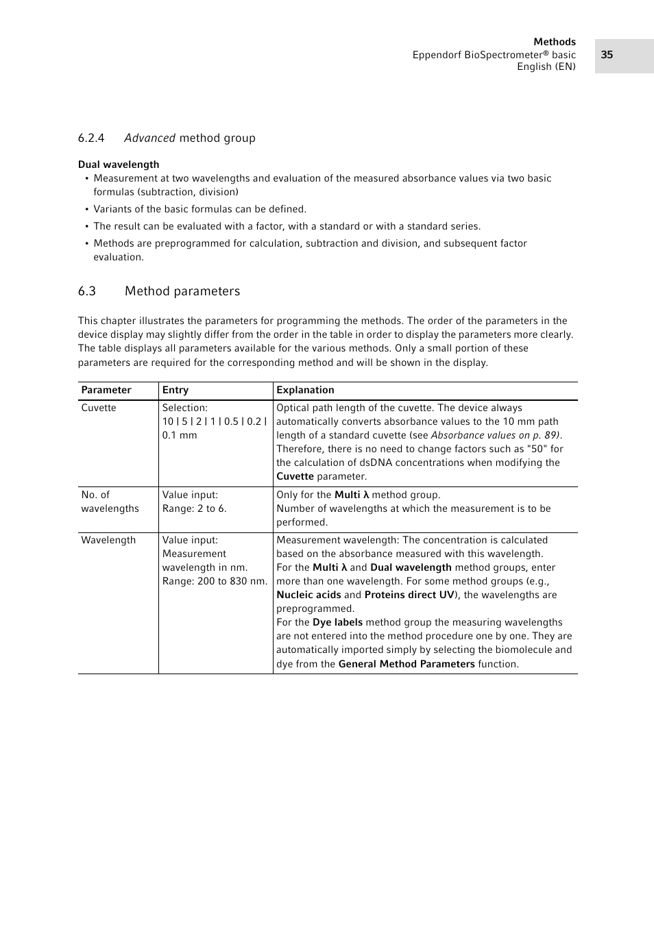 4 advanced method group, 3 method parameters, Advanced method group | Method parameters | Eppendorf BioSpectrometer basic User Manual | Page 35 / 104