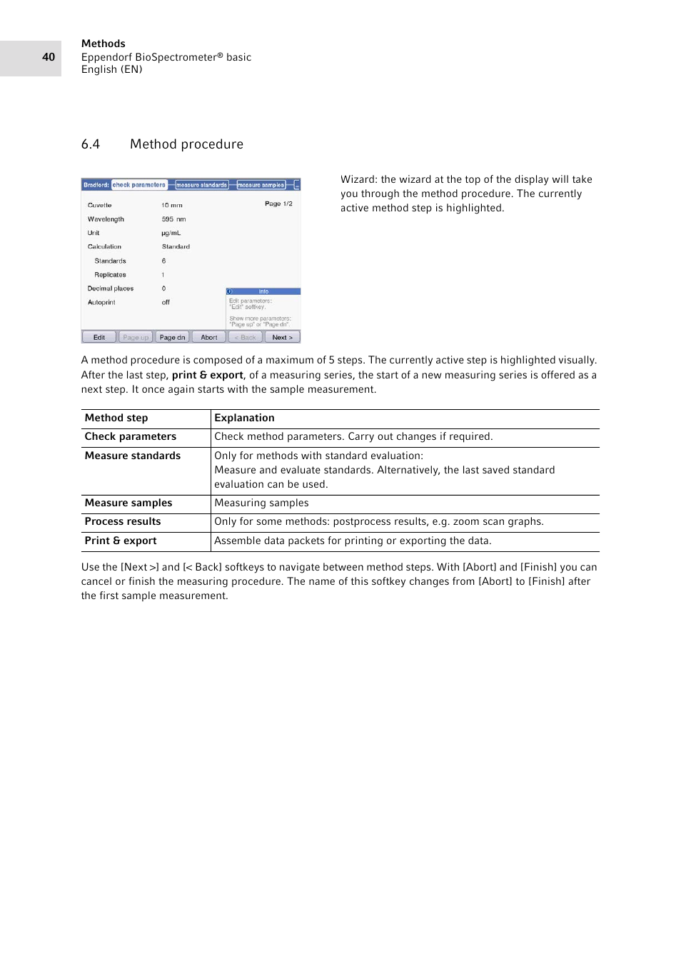 4 method procedure, Method procedure | Eppendorf BioSpectrometer basic User Manual | Page 40 / 104