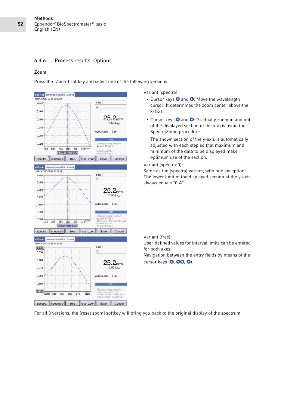 6 process results: options, Process results: options | Eppendorf BioSpectrometer basic User Manual | Page 52 / 104