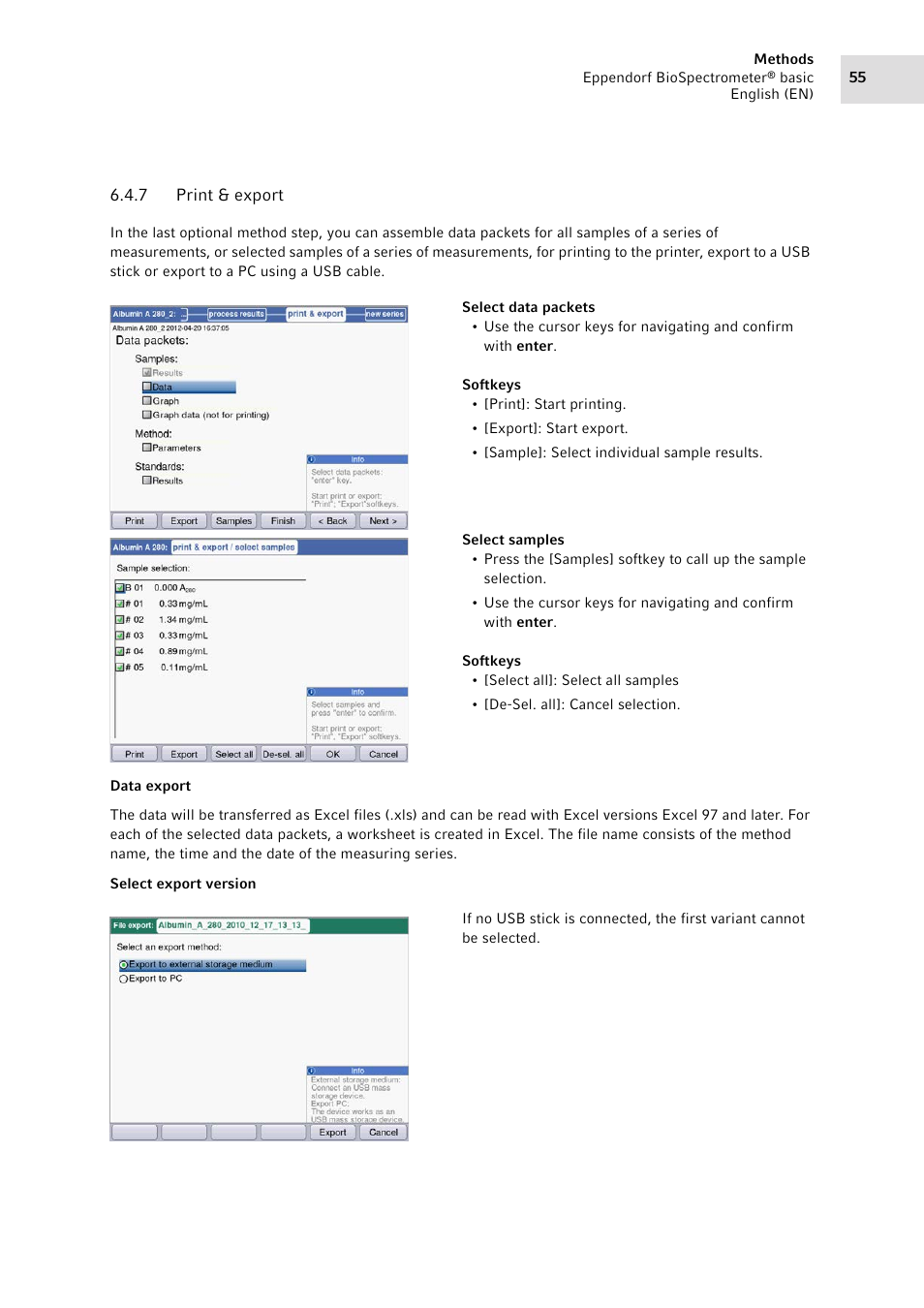 7 print & export, Print & export, Method step can be exported as excel file (see | P. 55) | Eppendorf BioSpectrometer basic User Manual | Page 55 / 104