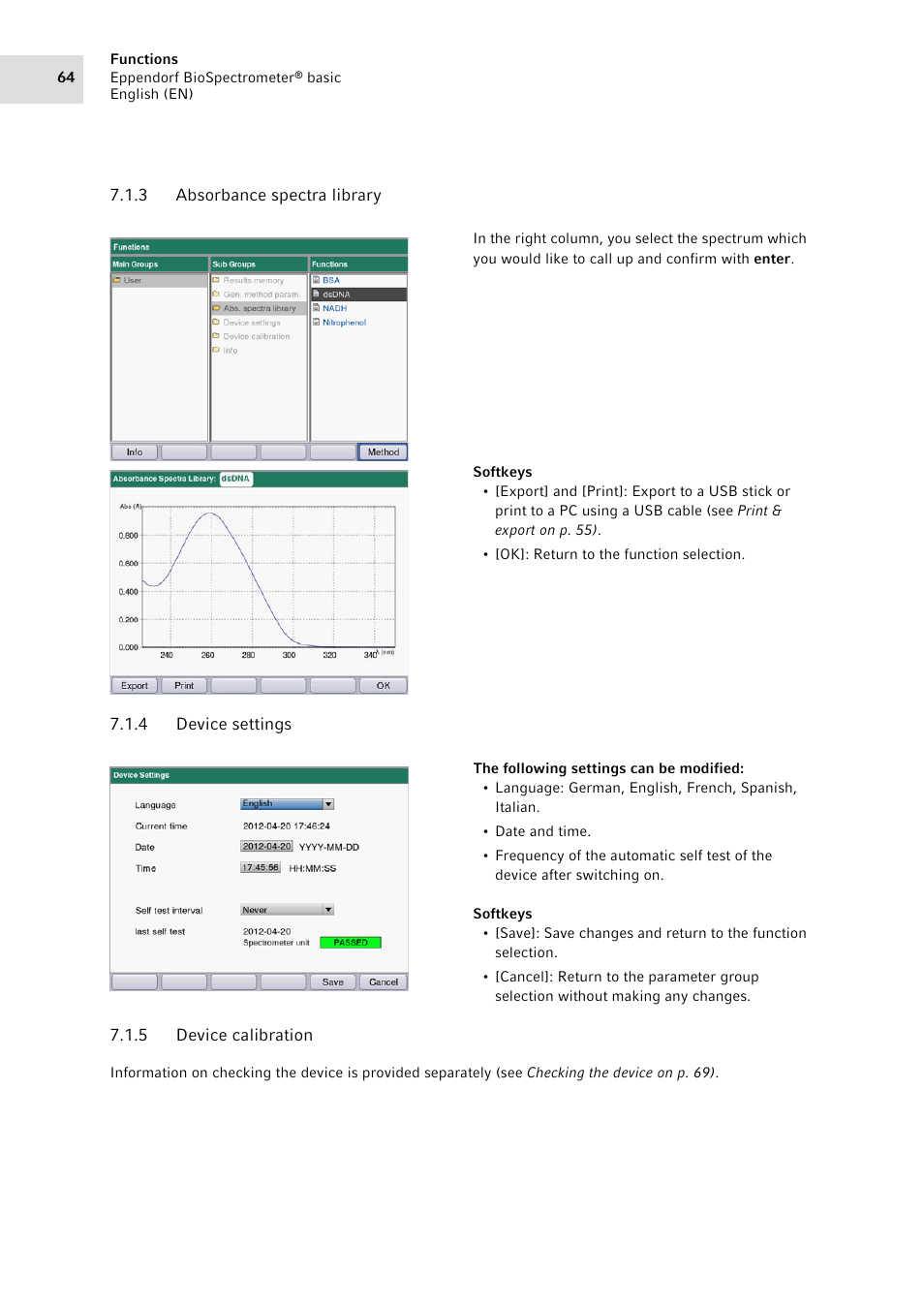 3 absorbance spectra library, 4 device settings, 5 device calibration | Absorbance spectra library, Device settings, Device calibration | Eppendorf BioSpectrometer basic User Manual | Page 64 / 104