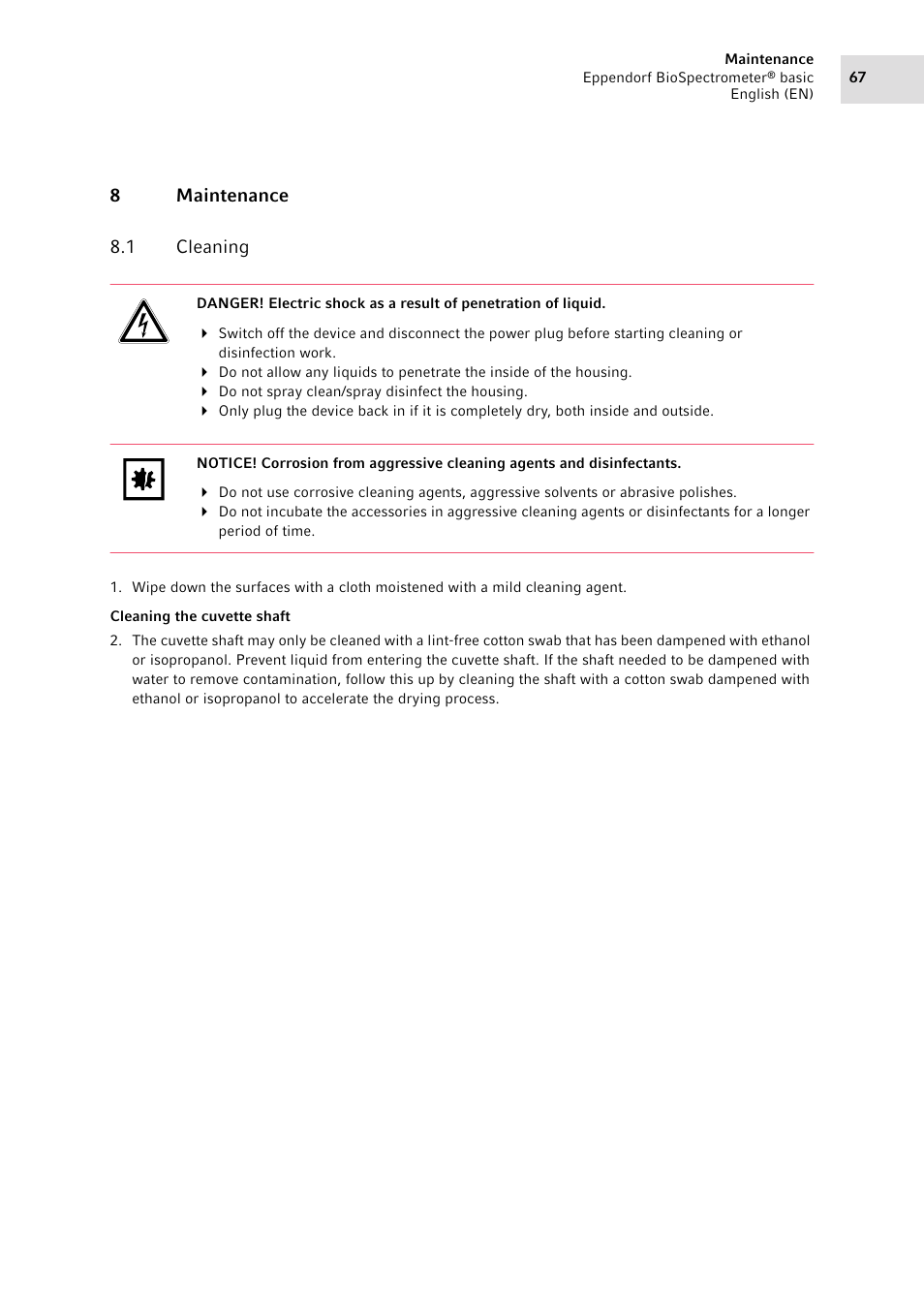 8 maintenance, 1 cleaning, Maintenance 8.1 | Cleaning | Eppendorf BioSpectrometer basic User Manual | Page 67 / 104