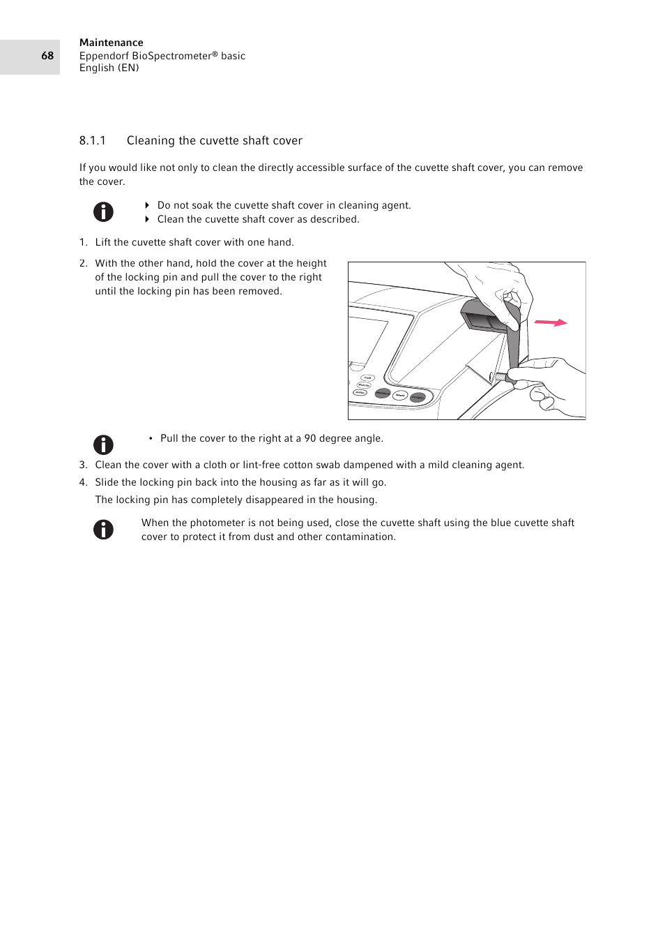 1 cleaning the cuvette shaft cover, Cleaning the cuvette shaft cover | Eppendorf BioSpectrometer basic User Manual | Page 68 / 104