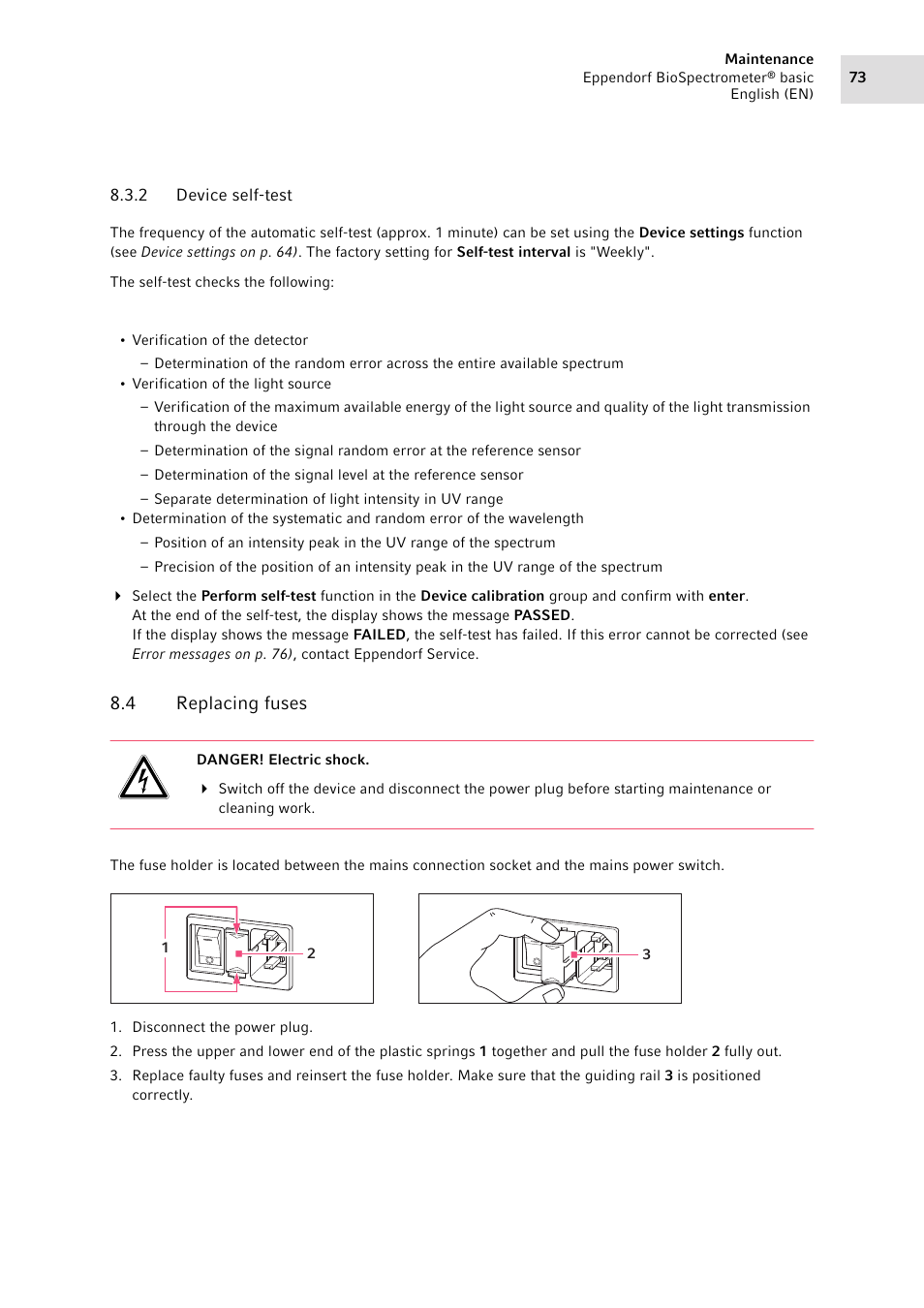 2 device self-test, 4 replacing fuses, Device self-test | Replacing fuses | Eppendorf BioSpectrometer basic User Manual | Page 73 / 104