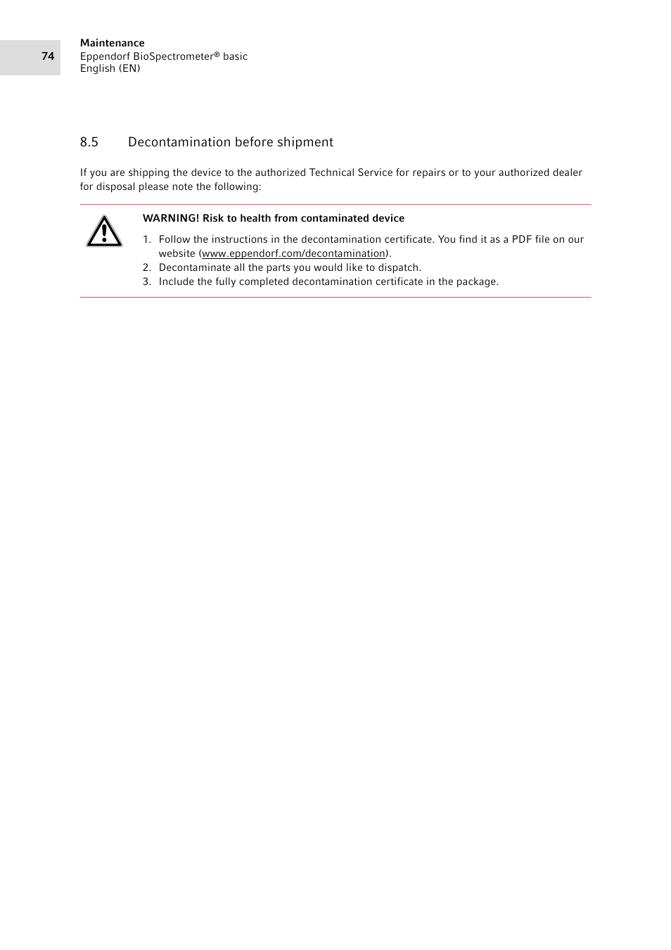 5 decontamination before shipment, Decontamination before shipment | Eppendorf BioSpectrometer basic User Manual | Page 74 / 104