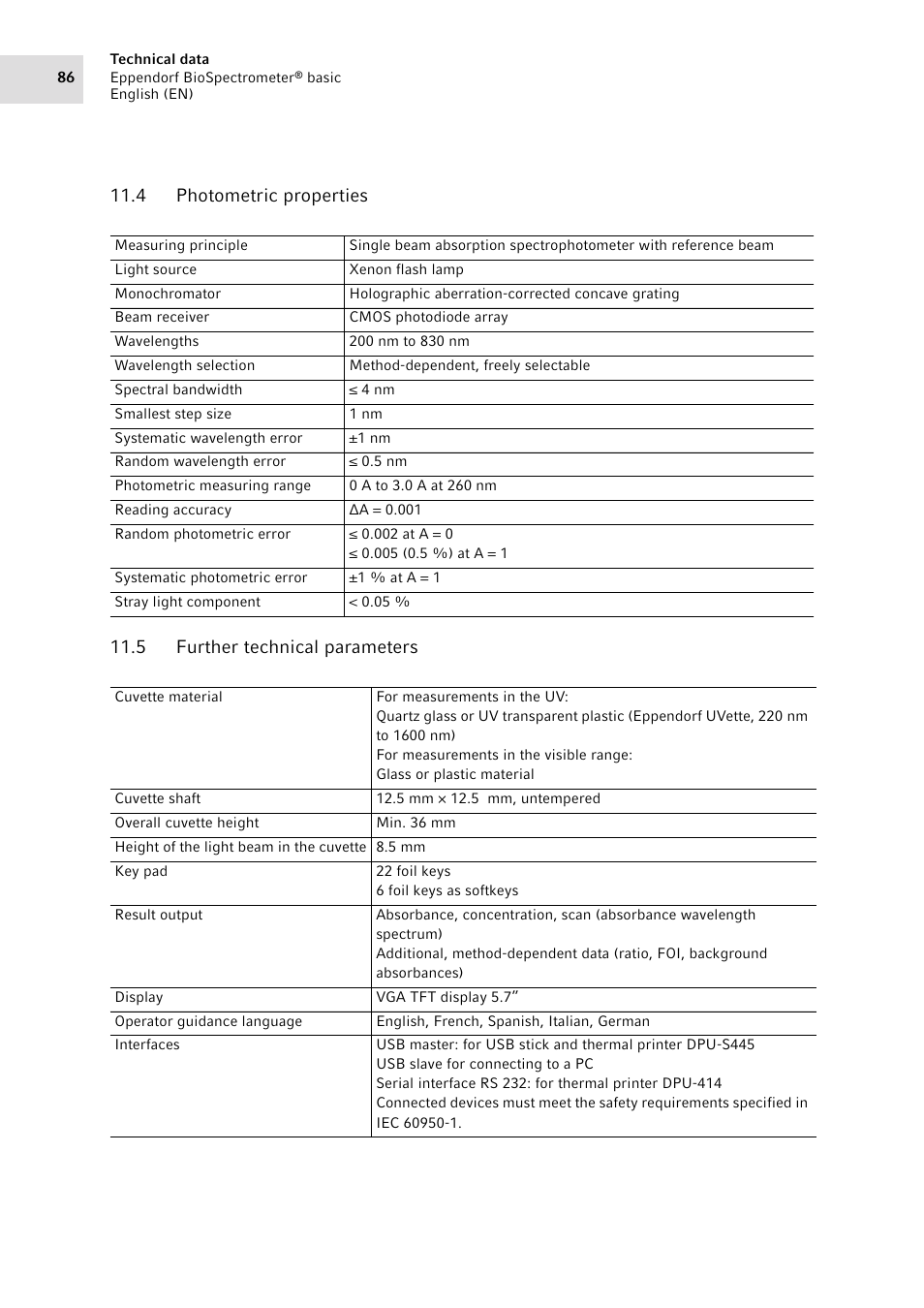 4 photometric properties, 5 further technical parameters, Photometric properties | Further technical parameters | Eppendorf BioSpectrometer basic User Manual | Page 86 / 104