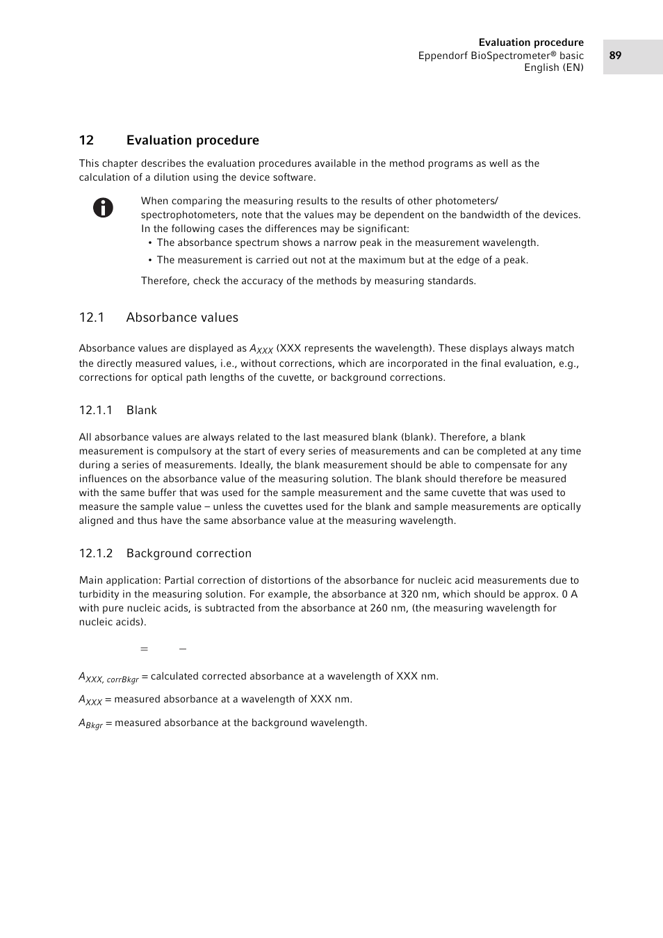 12 evaluation procedure, 1 absorbance values, 1 blank | 2 background correction, Absorbance values 12.1.1, Blank, Background correction, Esult calculation (see, Absorbance values on p. 89) | Eppendorf BioSpectrometer basic User Manual | Page 89 / 104