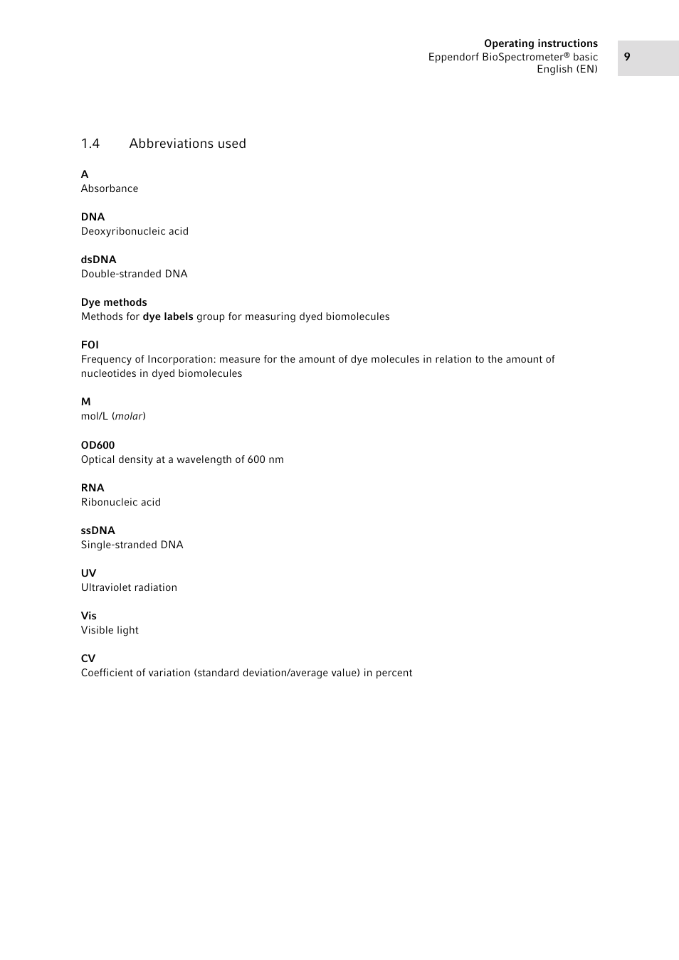 4 abbreviations used, Abbreviations used | Eppendorf BioSpectrometer basic User Manual | Page 9 / 104