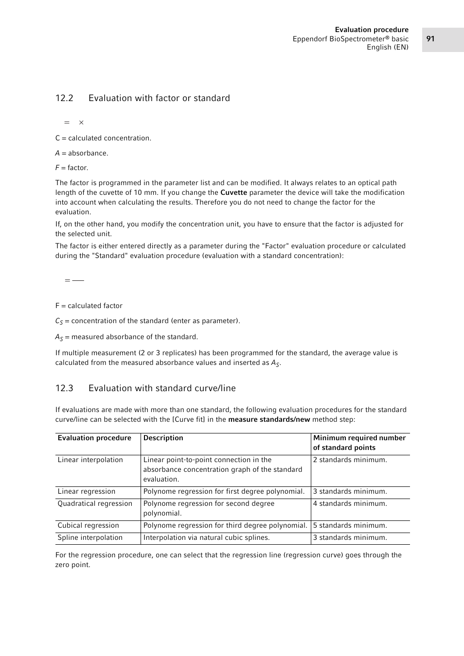 2 evaluation with factor or standard, 3 evaluation with standard curve/line, Evaluation with factor or standard | Evaluation with standard curve/line, Fa c u, Ac f | Eppendorf BioSpectrometer basic User Manual | Page 91 / 104