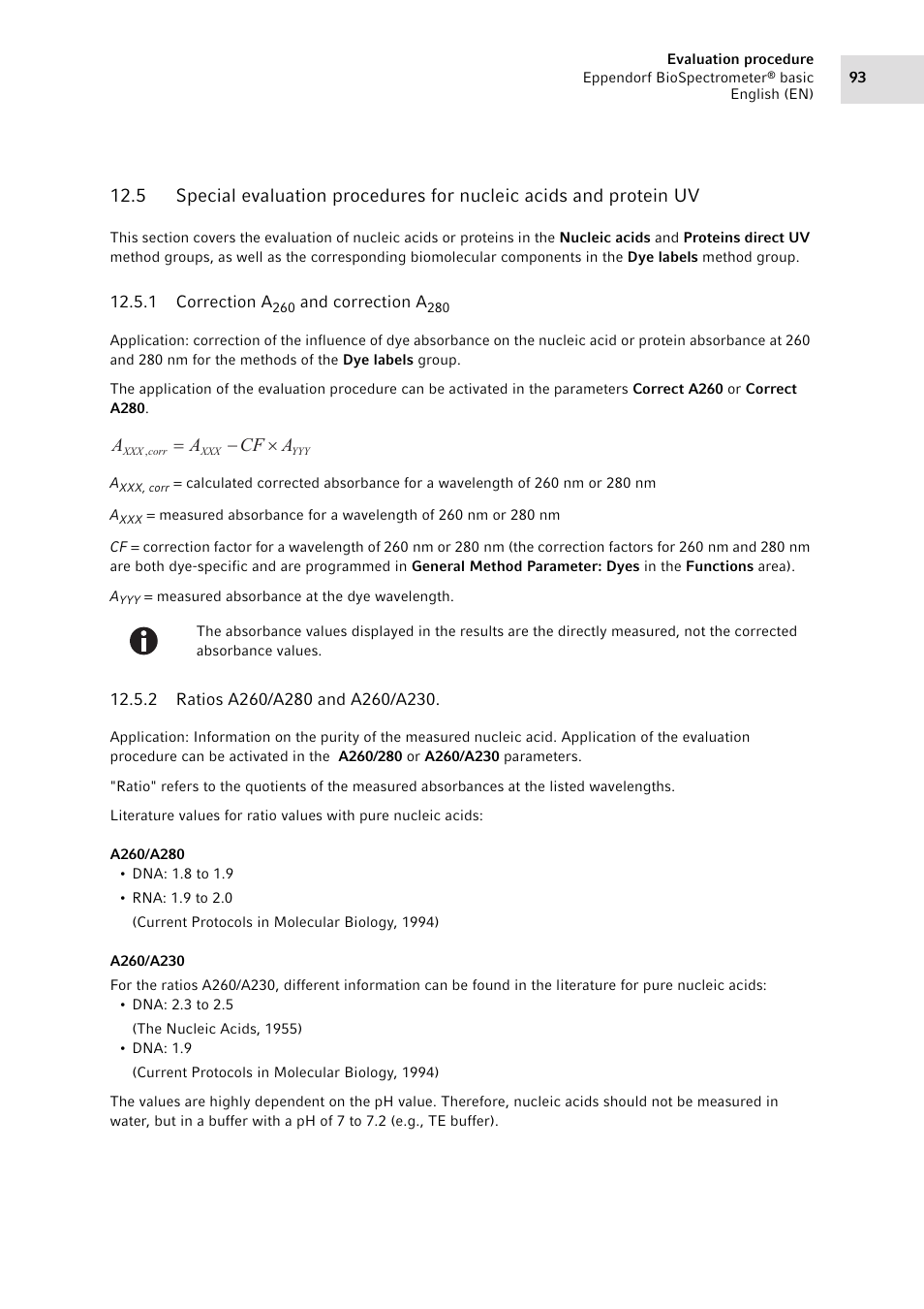 1 correction a260 and correction a280, 2 ratios a260/a280 and a260/a230, Correction a | And correction a, Ratios a260/a280 and a260/a230, Efer to the chapter on evaluation (see, On p. 93), Acf a a u | Eppendorf BioSpectrometer basic User Manual | Page 93 / 104
