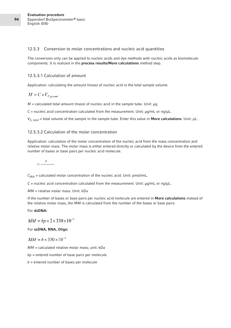 Ation. (see, Conversion to molar concentrations and, Nucleic acid quantities on p. 94) | Mm c c, 10 u | Eppendorf BioSpectrometer basic User Manual | Page 94 / 104