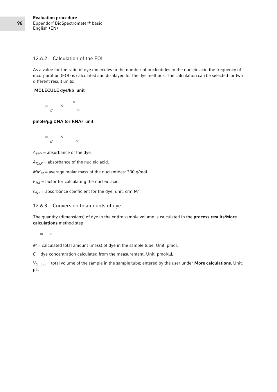 2 calculation of the foi, 3 conversion to amounts of dye, Calculation of the foi | Conversion to amounts of dye, Fa mm a foi u u u, Fa a foi u u, Vc m | Eppendorf BioSpectrometer basic User Manual | Page 96 / 104