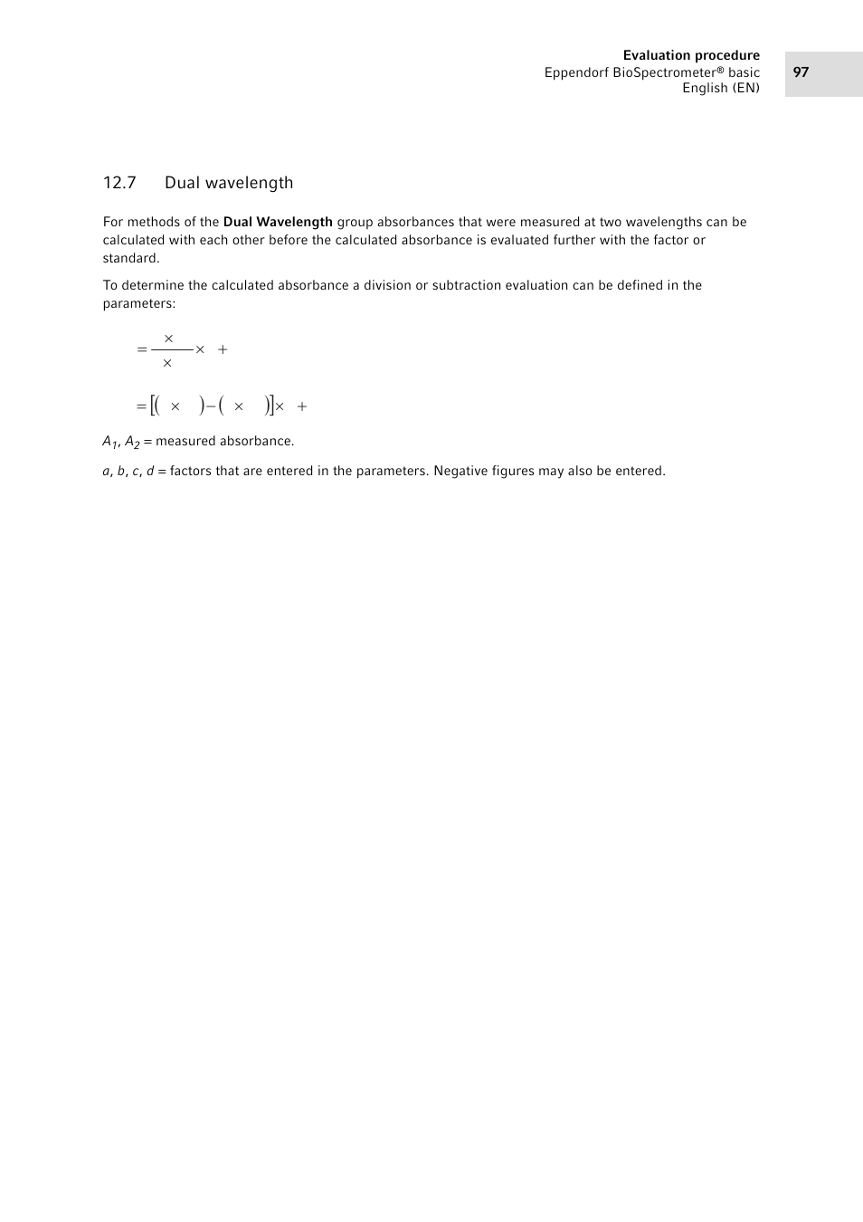 7 dual wavelength, Dual wavelength | Eppendorf BioSpectrometer basic User Manual | Page 97 / 104