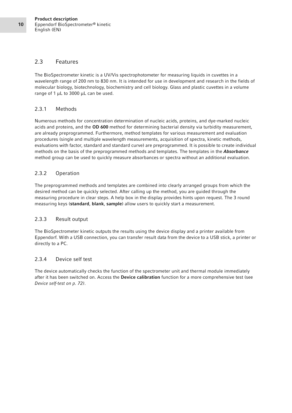 3 features, 1 methods, 2 operation | 3 result output, 4 device self test, Features 2.3.1, Methods, Operation, Result output, Device self test | Eppendorf BioSpectrometer kinetic User Manual | Page 10 / 106