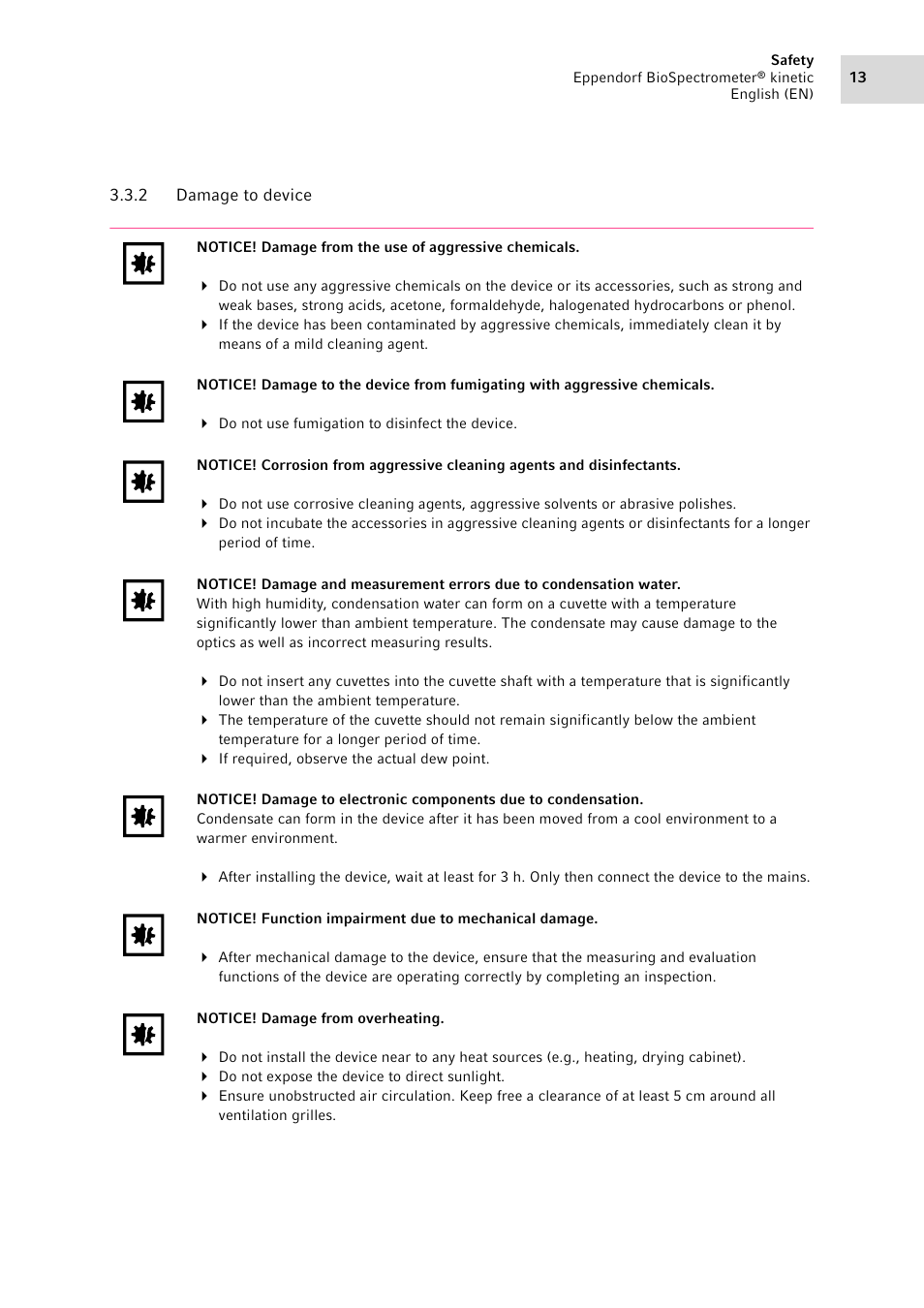 2 damage to device, Damage to device | Eppendorf BioSpectrometer kinetic User Manual | Page 13 / 106