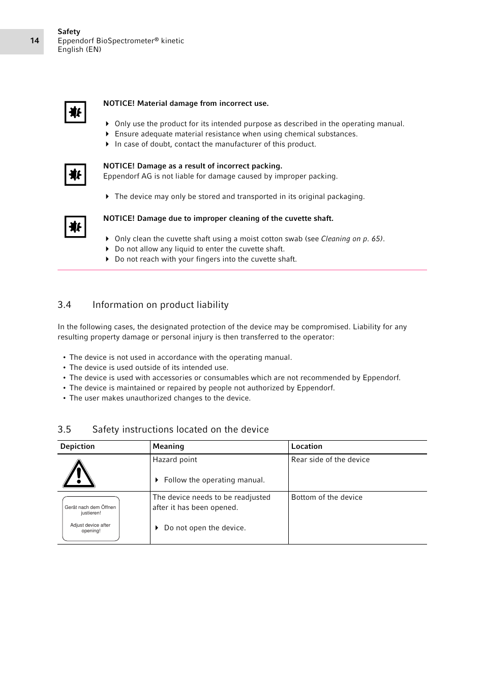 4 information on product liability, 5 safety instructions located on the device, Information on product liability | Safety instructions located on the device | Eppendorf BioSpectrometer kinetic User Manual | Page 14 / 106