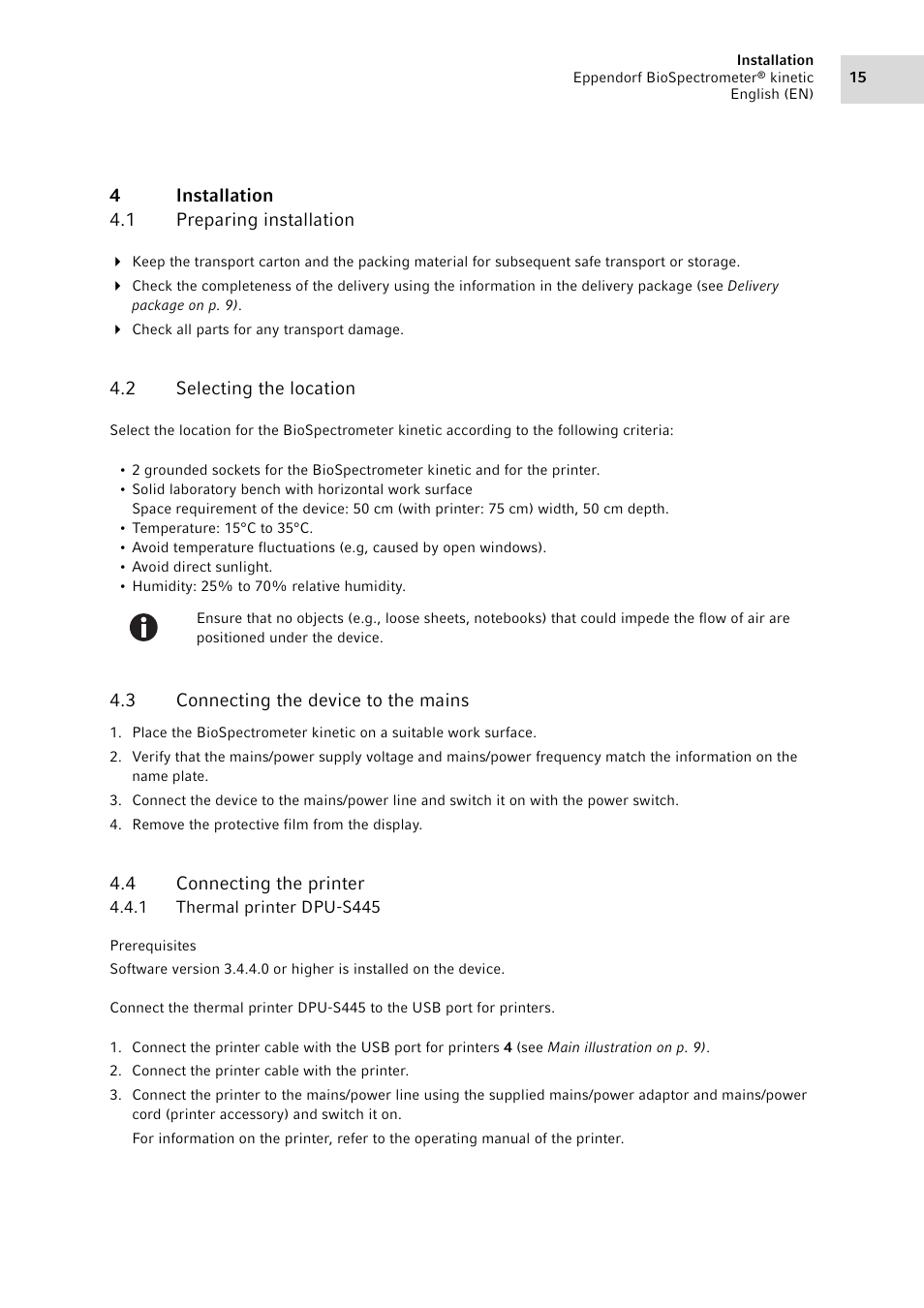 4 installation, 1 preparing installation, 2 selecting the location | 3 connecting the device to the mains, 4 connecting the printer, 1 thermal printer dpu-s445, Installation 4.1, Preparing installation, Selecting the location, Connecting the device to the mains | Eppendorf BioSpectrometer kinetic User Manual | Page 15 / 106