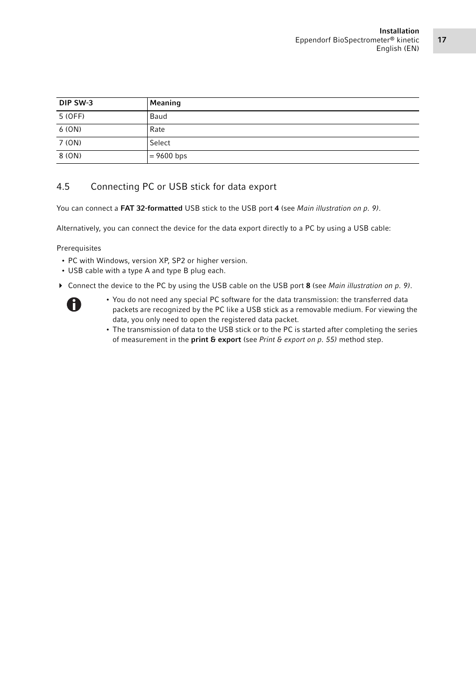 5 connecting pc or usb stick for data export, Connecting pc or usb stick for data export | Eppendorf BioSpectrometer kinetic User Manual | Page 17 / 106