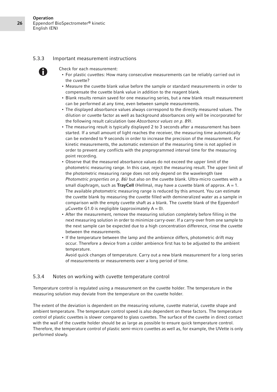 3 important measurement instructions, Important measurement instructions, Notes on working with cuvette temperature control | Eppendorf BioSpectrometer kinetic User Manual | Page 26 / 106