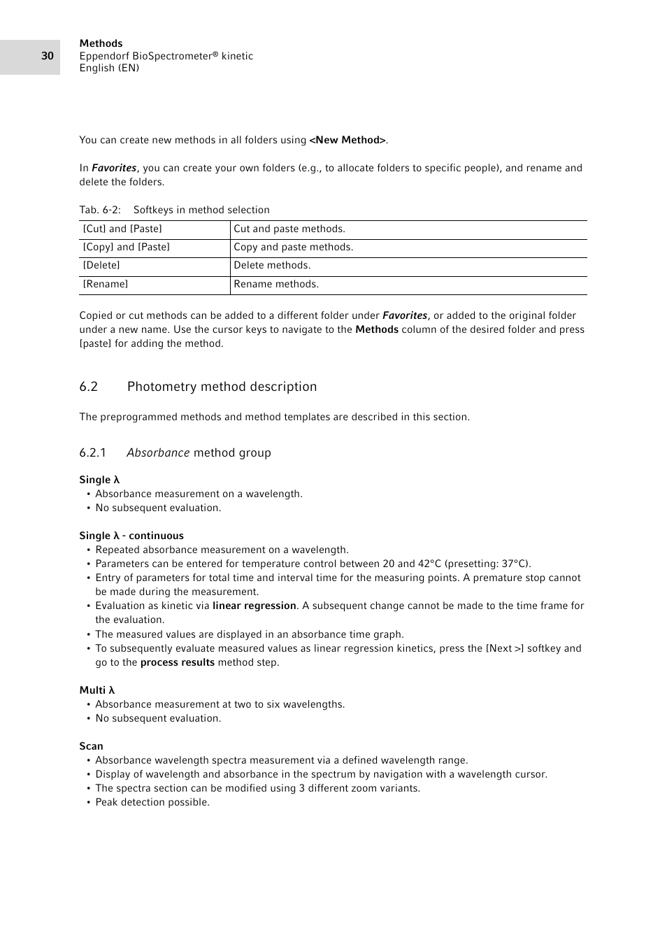 2 photometry method description, 1 absorbance method group, Photometry method description 6.2.1 | Absorbance method group | Eppendorf BioSpectrometer kinetic User Manual | Page 30 / 106