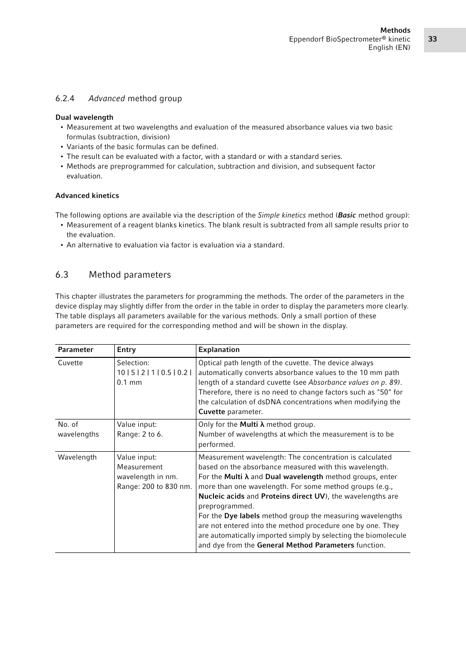 4 advanced method group, 3 method parameters, Advanced method group | Method parameters | Eppendorf BioSpectrometer kinetic User Manual | Page 33 / 106