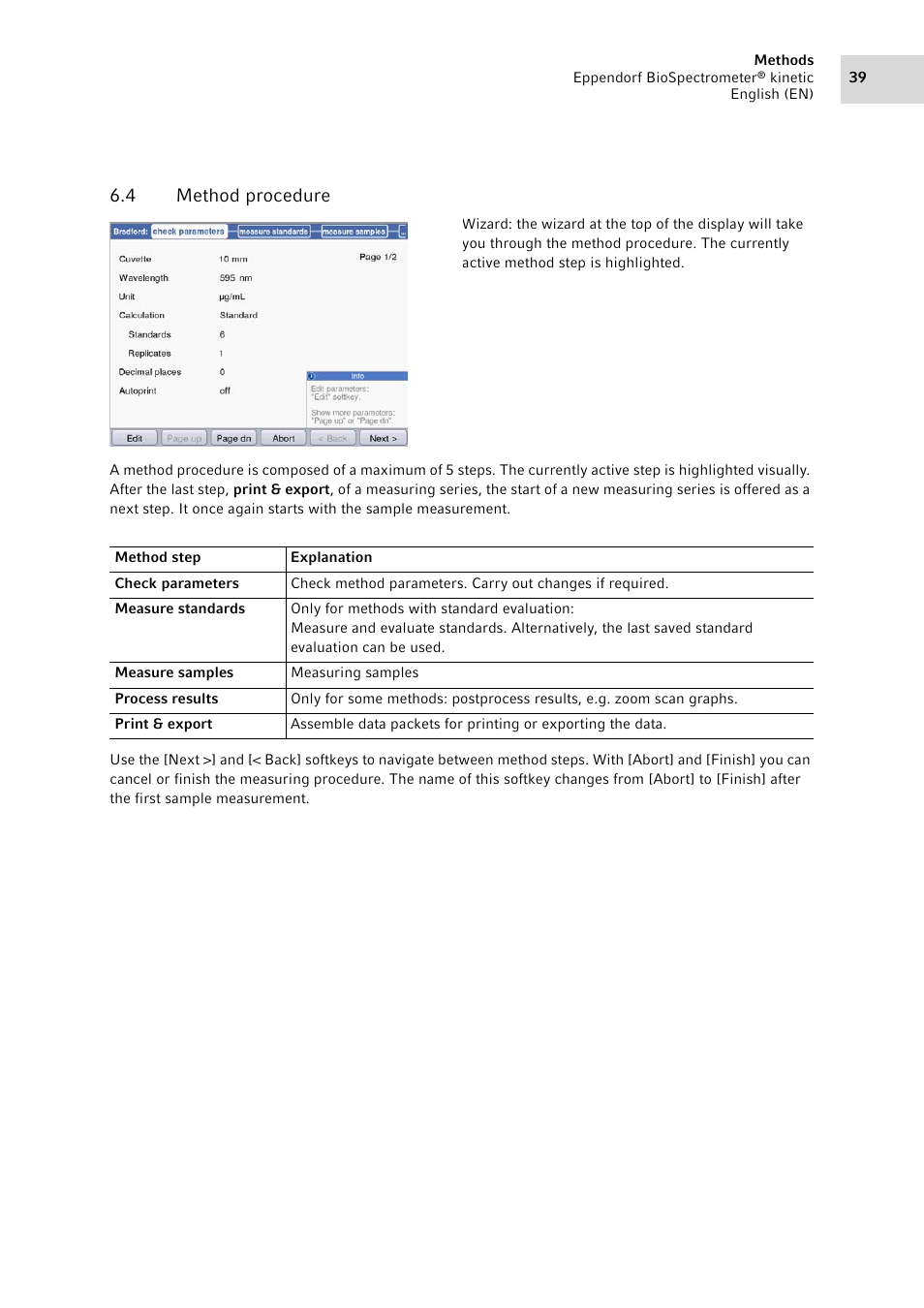 4 method procedure, Method procedure | Eppendorf BioSpectrometer kinetic User Manual | Page 39 / 106