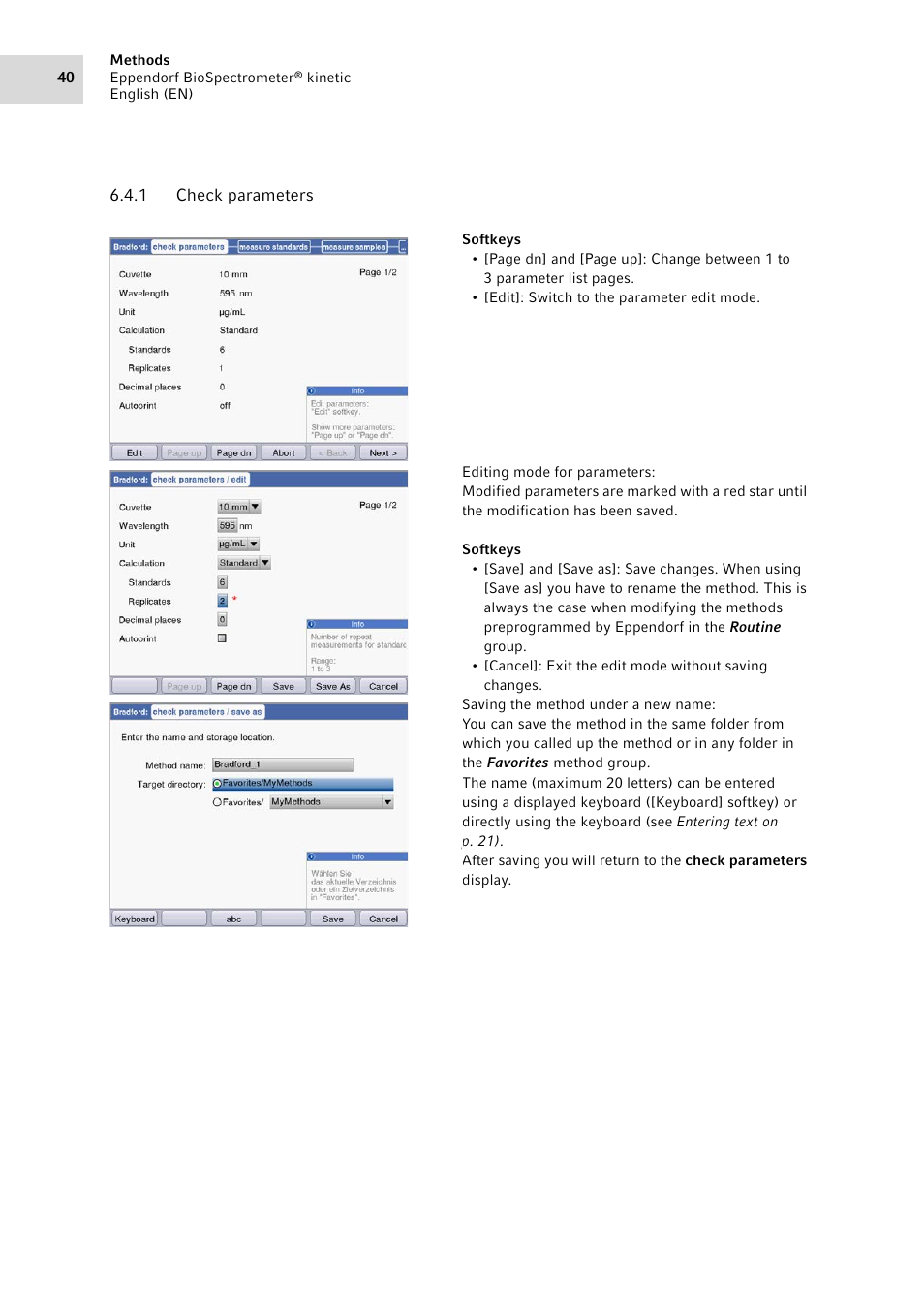 1 check parameters, Check parameters | Eppendorf BioSpectrometer kinetic User Manual | Page 40 / 106