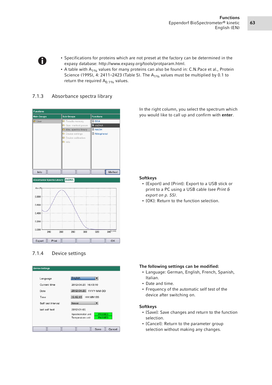 3 absorbance spectra library, 4 device settings, Absorbance spectra library | Device settings | Eppendorf BioSpectrometer kinetic User Manual | Page 63 / 106