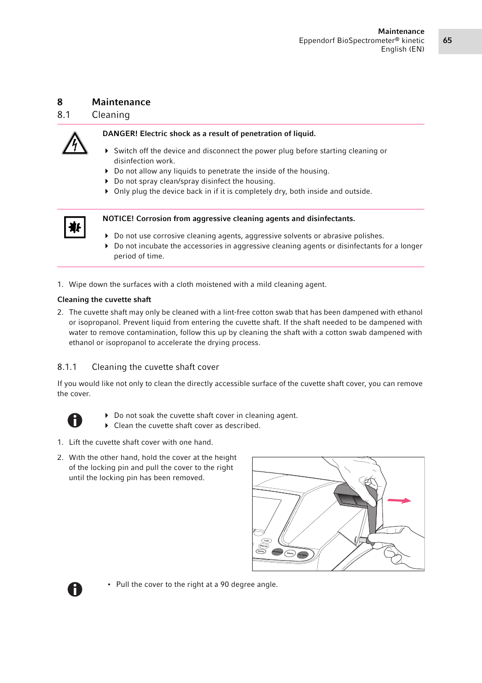 8 maintenance, 1 cleaning, 1 cleaning the cuvette shaft cover | Maintenance 8.1, Cleaning 8.1.1, Cleaning the cuvette shaft cover, 8maintenance 8.1 cleaning | Eppendorf BioSpectrometer kinetic User Manual | Page 65 / 106