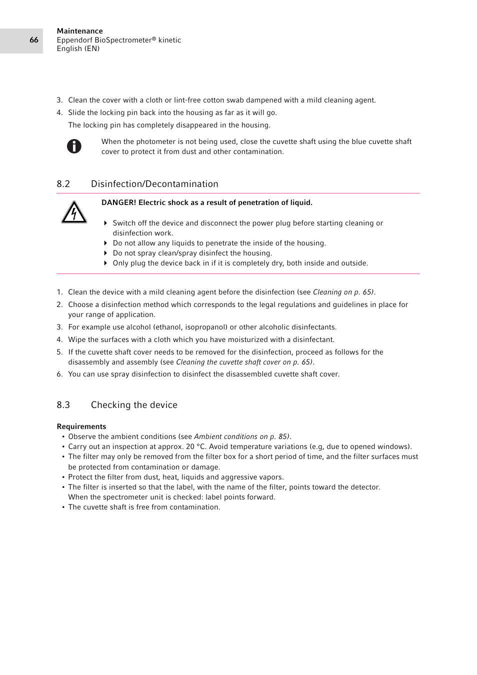 2 disinfection/decontamination, 3 checking the device, Disinfection/decontamination | Checking the device | Eppendorf BioSpectrometer kinetic User Manual | Page 66 / 106