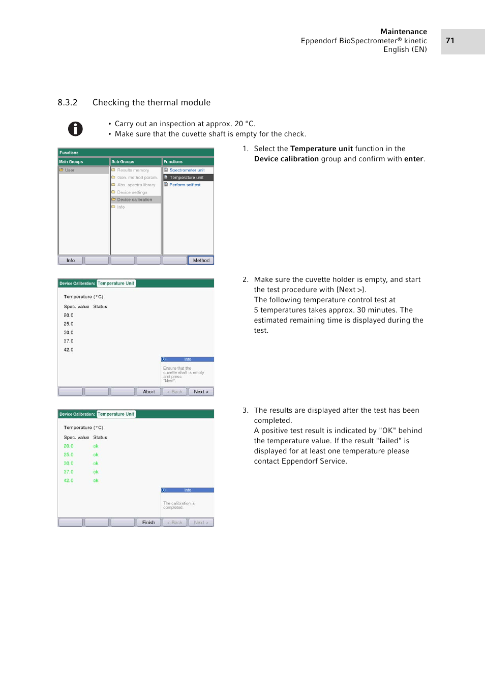 2 checking the thermal module, Checking the thermal module | Eppendorf BioSpectrometer kinetic User Manual | Page 71 / 106