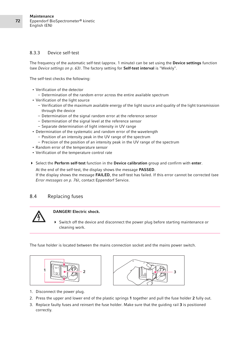 3 device self-test, 4 replacing fuses, Device self-test | Replacing fuses | Eppendorf BioSpectrometer kinetic User Manual | Page 72 / 106