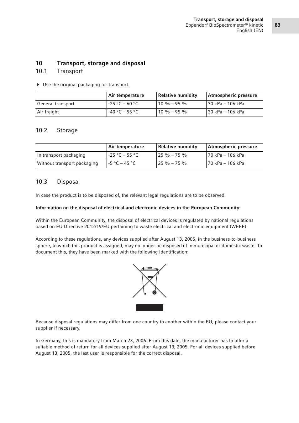 10 transport, storage and disposal, 1 transport, 2 storage | 3 disposal, Transport, Storage, Disposal | Eppendorf BioSpectrometer kinetic User Manual | Page 83 / 106