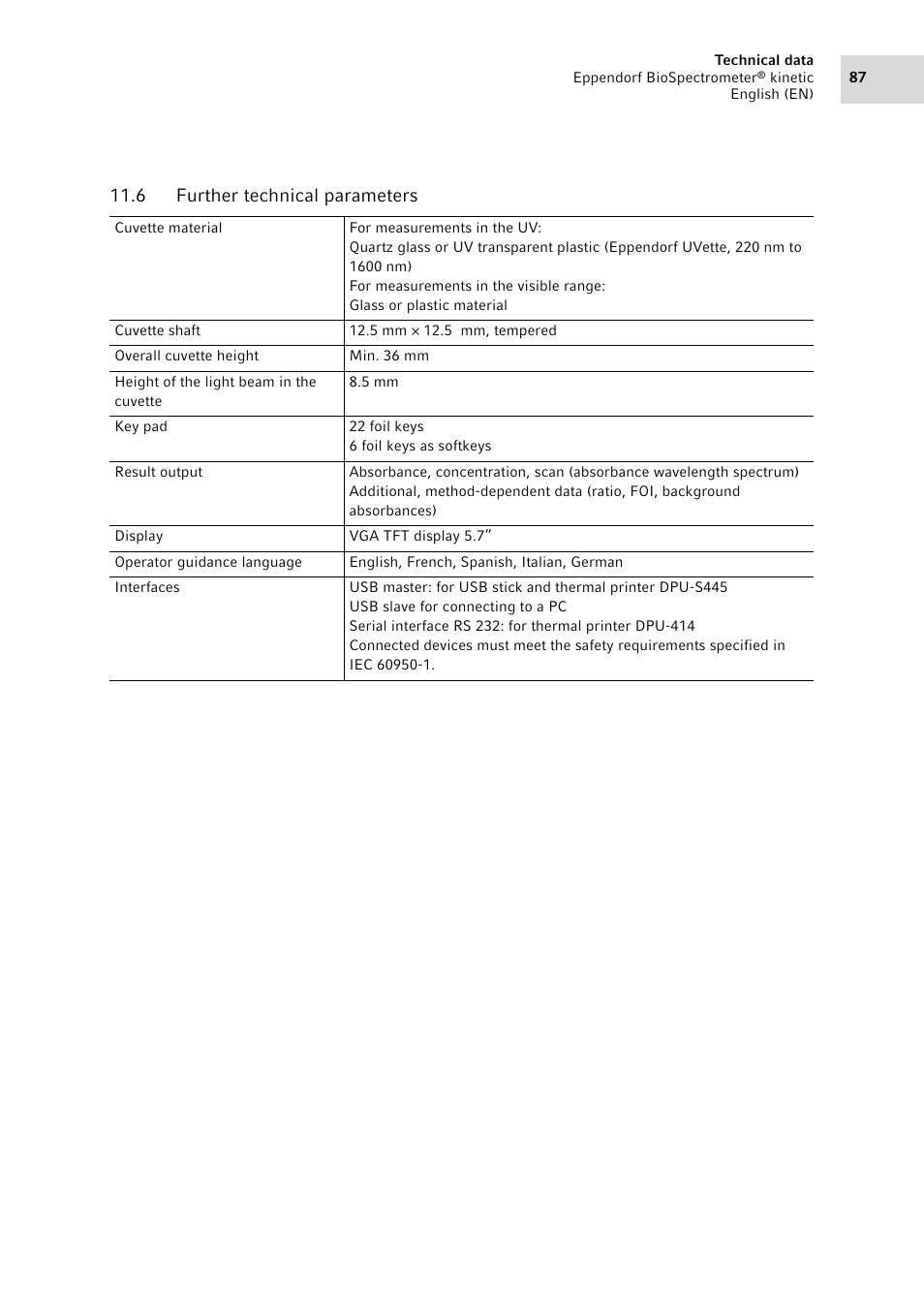 6 further technical parameters, Further technical parameters | Eppendorf BioSpectrometer kinetic User Manual | Page 87 / 106