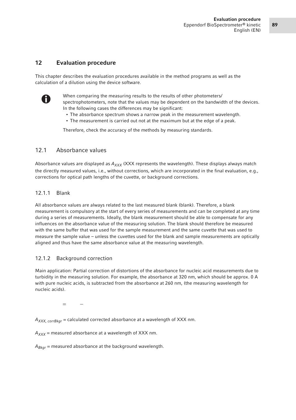 12 evaluation procedure, 1 absorbance values, 1 blank | 2 background correction, Absorbance values 12.1.1, Blank, Background correction | Eppendorf BioSpectrometer kinetic User Manual | Page 89 / 106