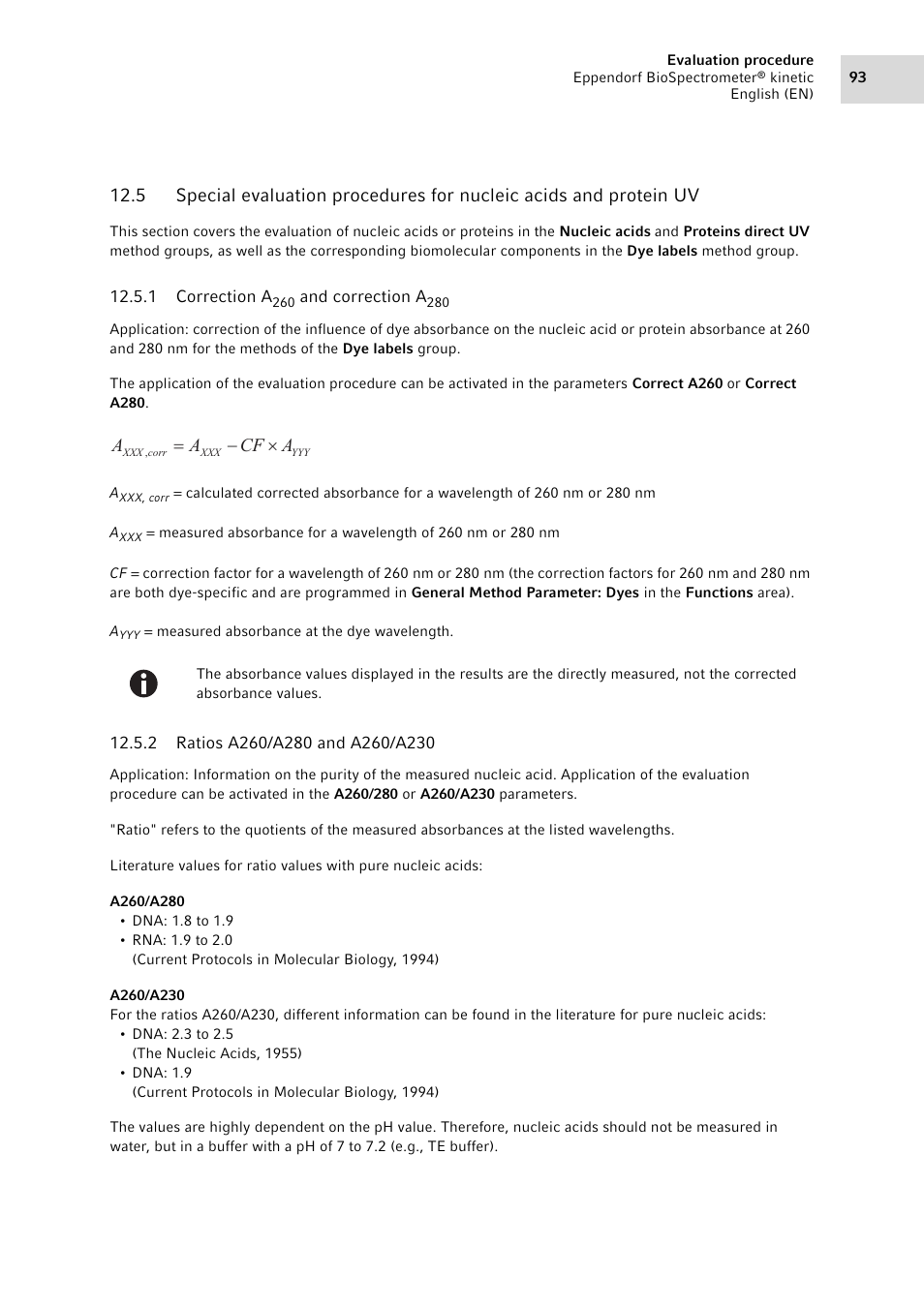 1 correction a260 and correction a280, 2 ratios a260/a280 and a260/a230, Correction a | And correction a, Ratios a260/a280 and a260/a230, See correction a, And correction, On p. 93), Acf a a u | Eppendorf BioSpectrometer kinetic User Manual | Page 93 / 106