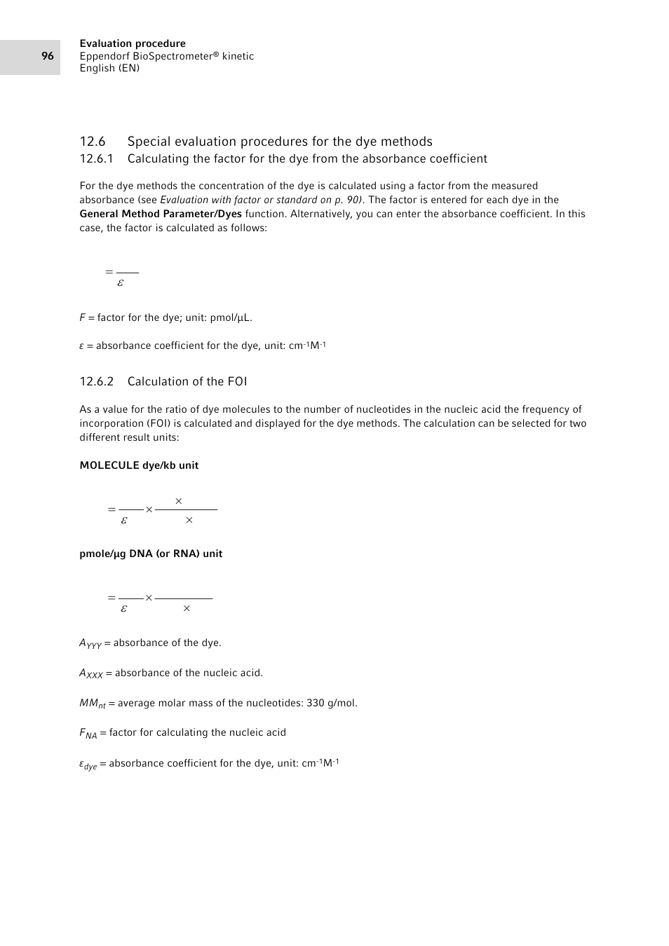 2 calculation of the foi, Calculation of the foi, Fa mm a foi u u u | Fa a foi u u | Eppendorf BioSpectrometer kinetic User Manual | Page 96 / 106