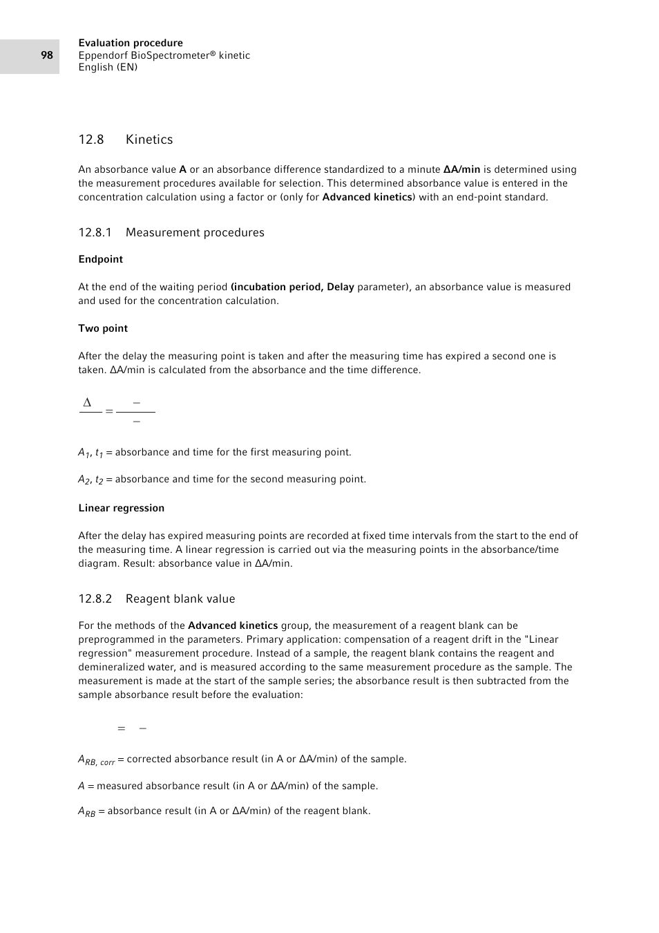 8 kinetics, 1 measurement procedures, 2 reagent blank value | Kinetics 12.8.1, Measurement procedures, Reagent blank value | Eppendorf BioSpectrometer kinetic User Manual | Page 98 / 106