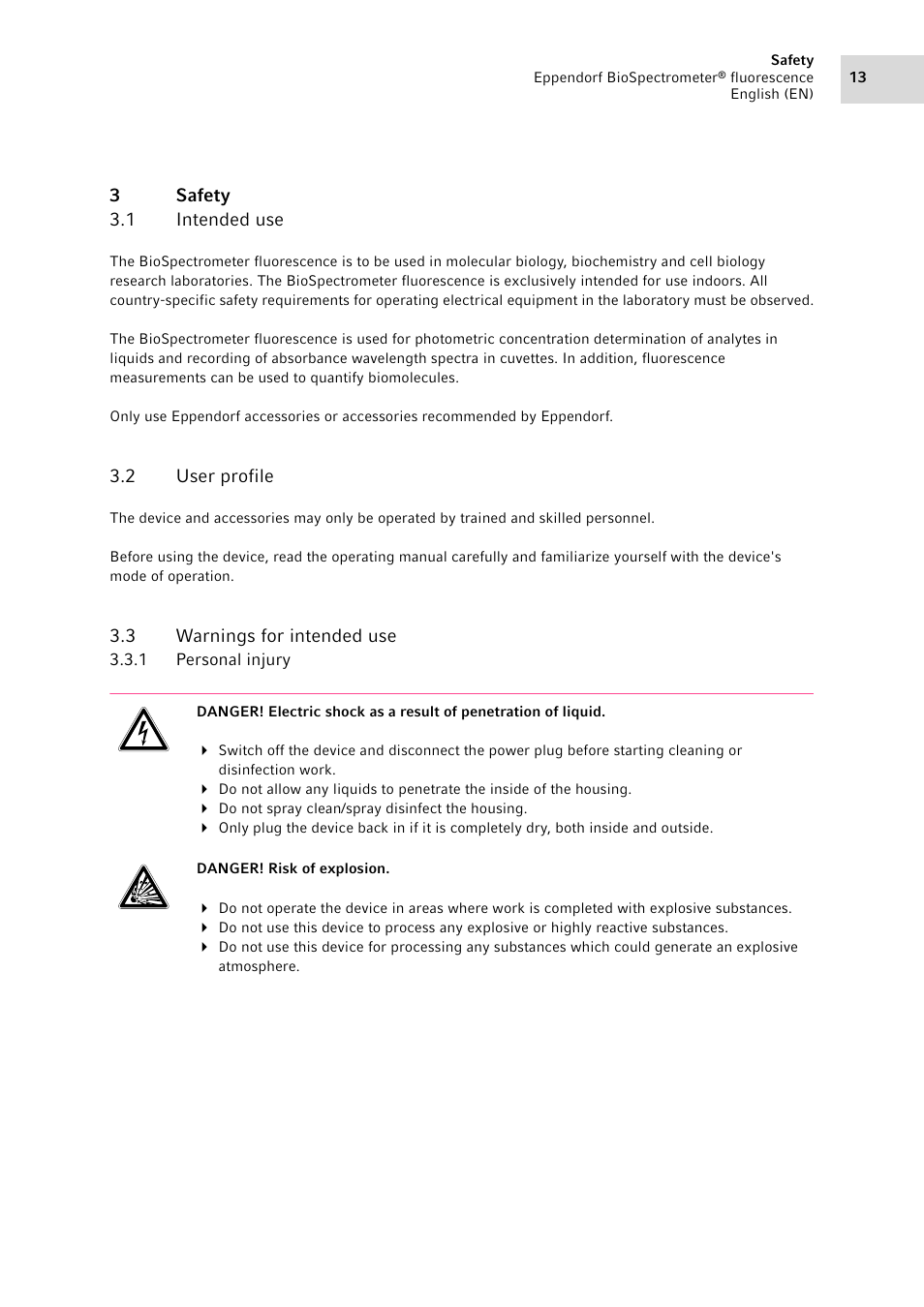 3 safety, 1 intended use, 2 user profile | 3 warnings for intended use, 1 personal injury, Safety 3.1, Intended use, User profile, Warnings for intended use 3.3.1, Personal injury | Eppendorf BioSpectrometer fluorescence User Manual | Page 13 / 102