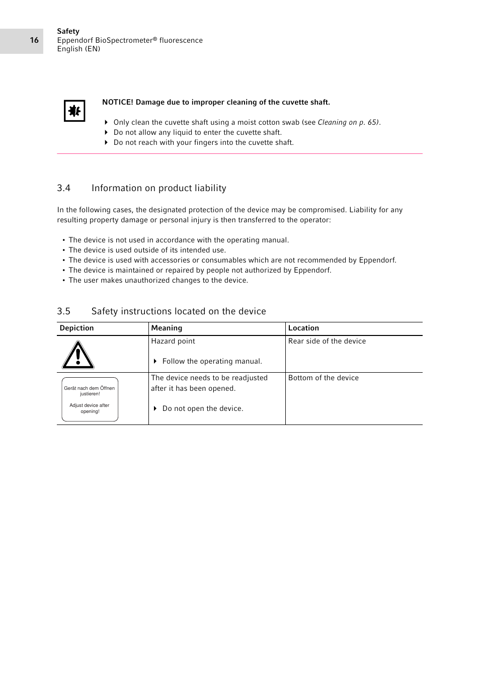 4 information on product liability, 5 safety instructions located on the device, Information on product liability | Safety instructions located on the device | Eppendorf BioSpectrometer fluorescence User Manual | Page 16 / 102