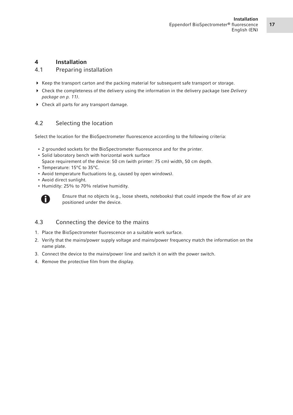 4 installation, 1 preparing installation, 2 selecting the location | 3 connecting the device to the mains, Installation 4.1, Preparing installation, Selecting the location, Connecting the device to the mains | Eppendorf BioSpectrometer fluorescence User Manual | Page 17 / 102