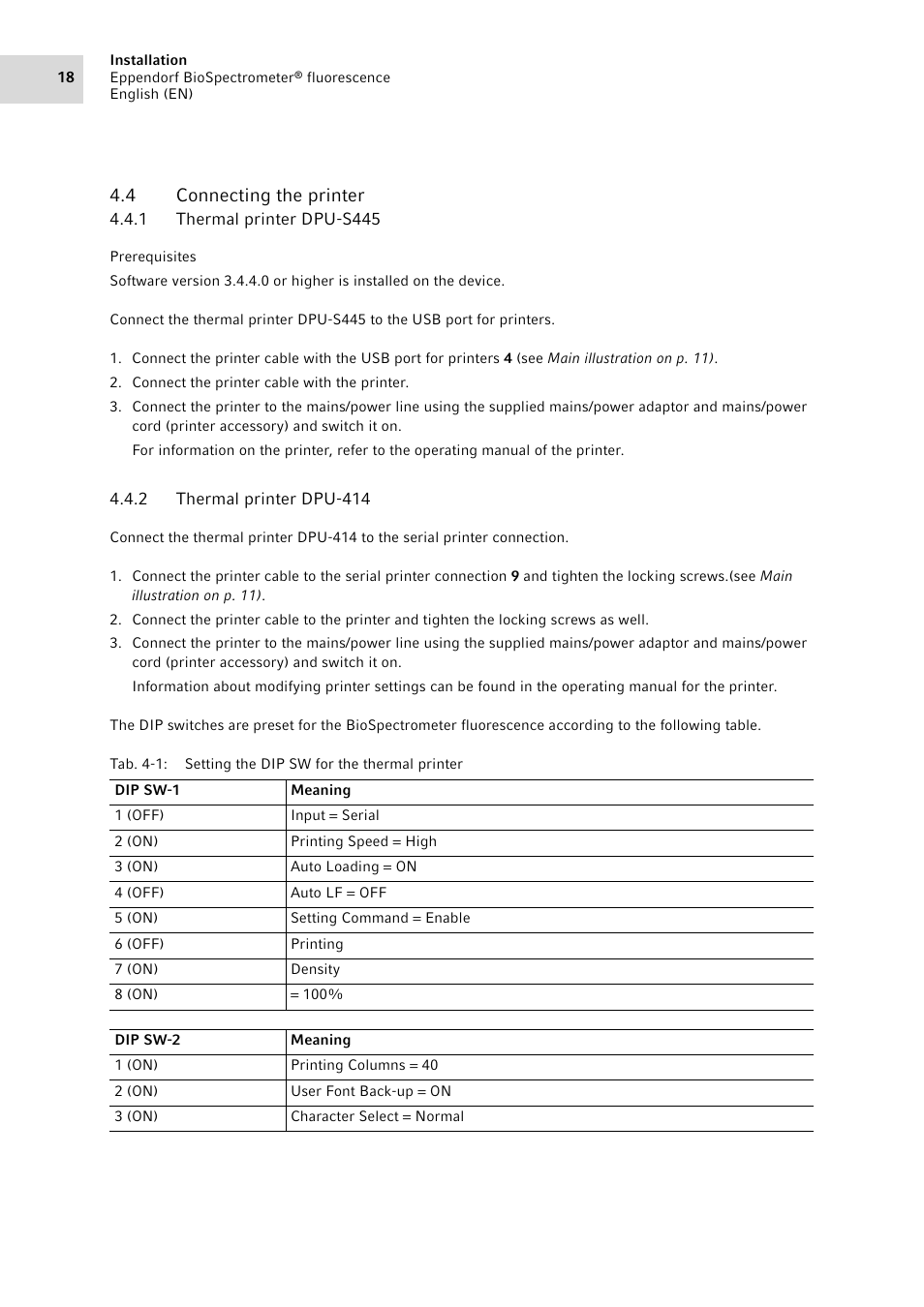 4 connecting the printer, 1 thermal printer dpu-s445, 2 thermal printer dpu-414 | Connecting the printer 4.4.1, Thermal printer dpu-s445, Thermal printer dpu-414 | Eppendorf BioSpectrometer fluorescence User Manual | Page 18 / 102